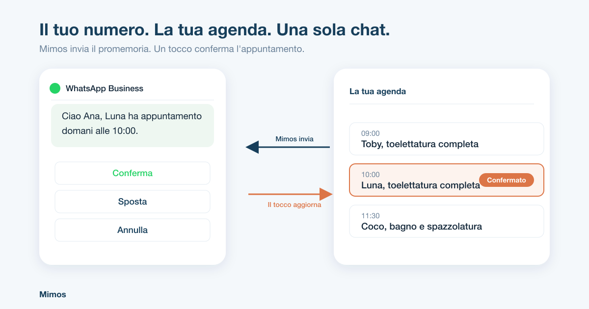Mimos invia un promemoria WhatsApp con i pulsanti conferma, sposta e annulla, e il tocco aggiorna l appuntamento nell agenda della toelettatura