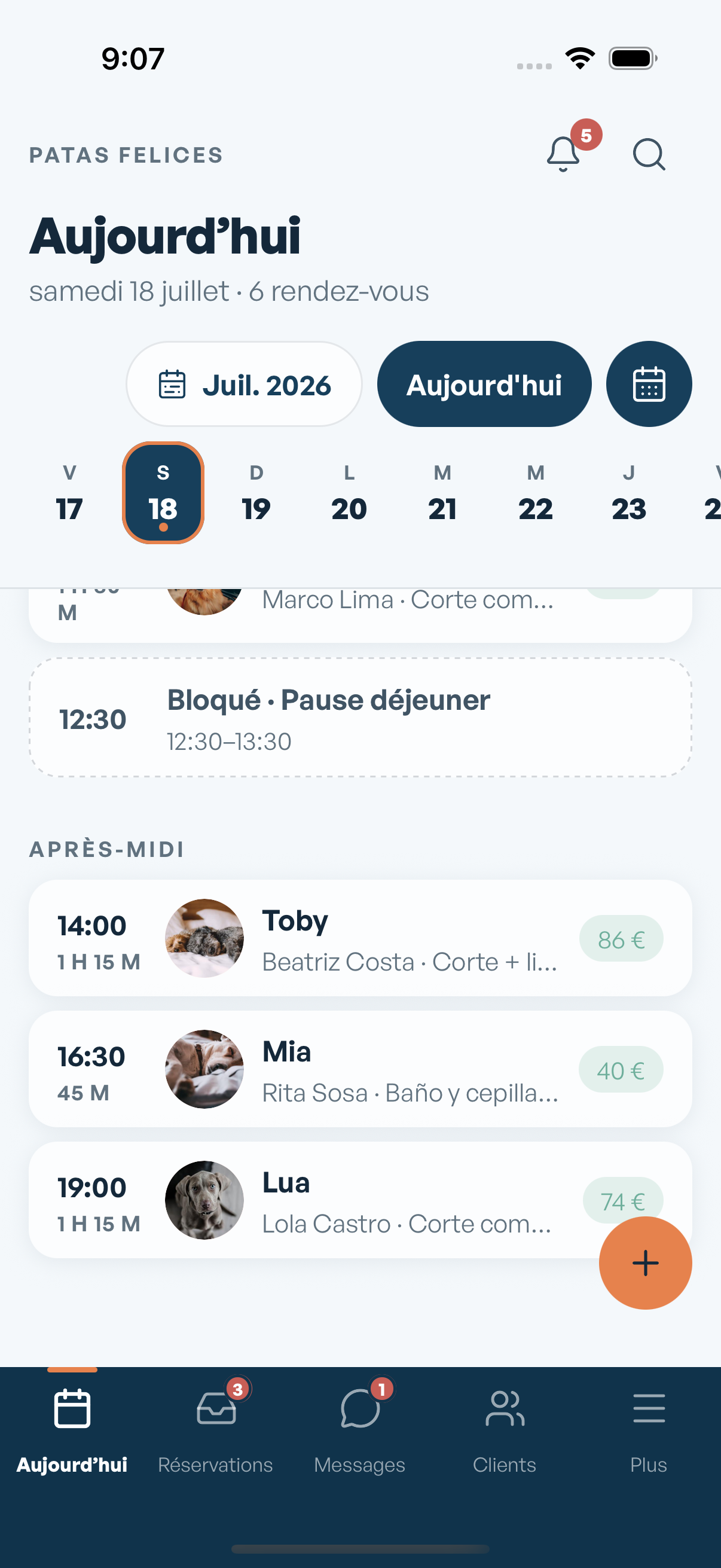 Planning du jour dans l'application mobile Mimos