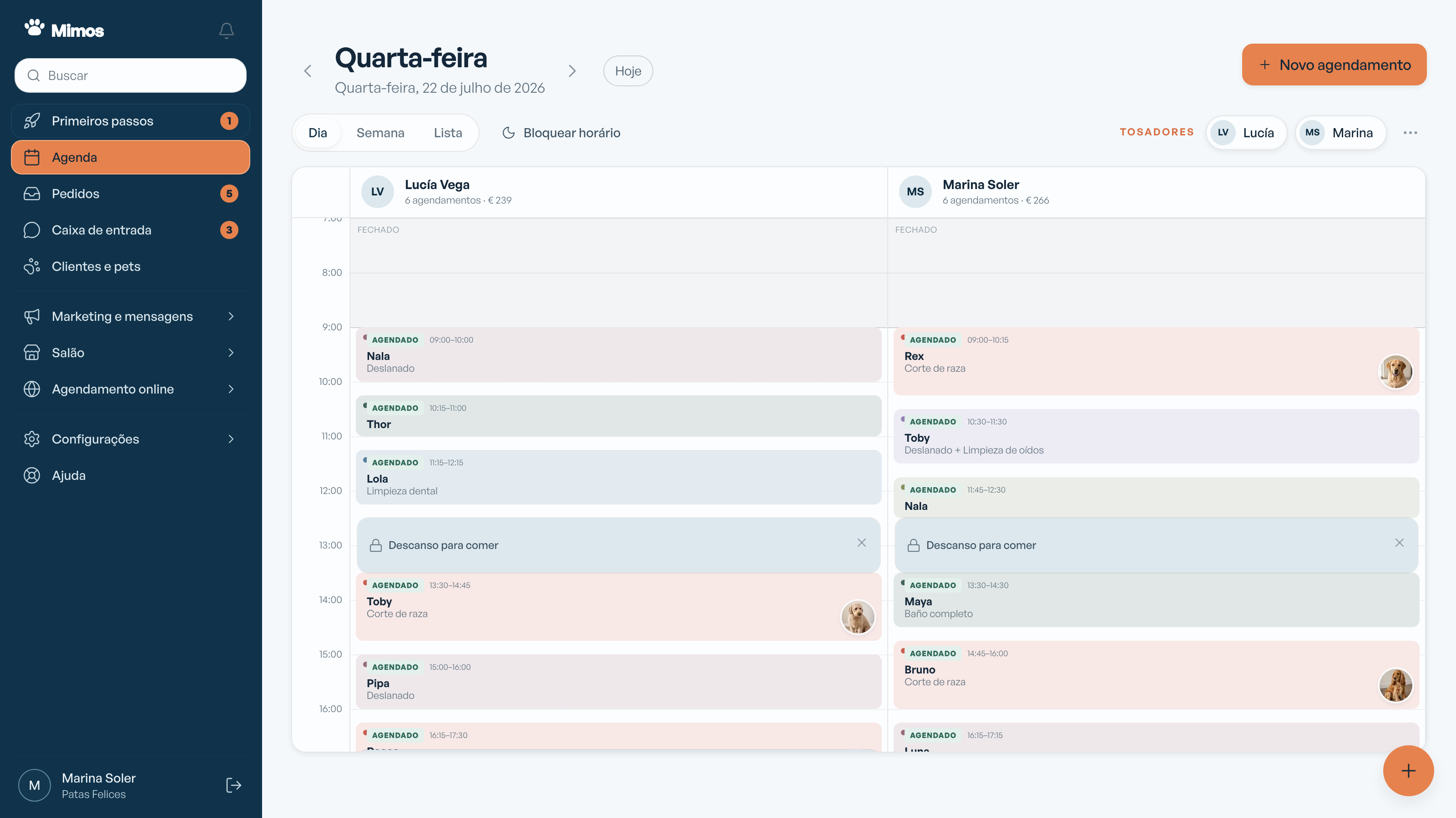Agenda do Mimos no aplicativo web