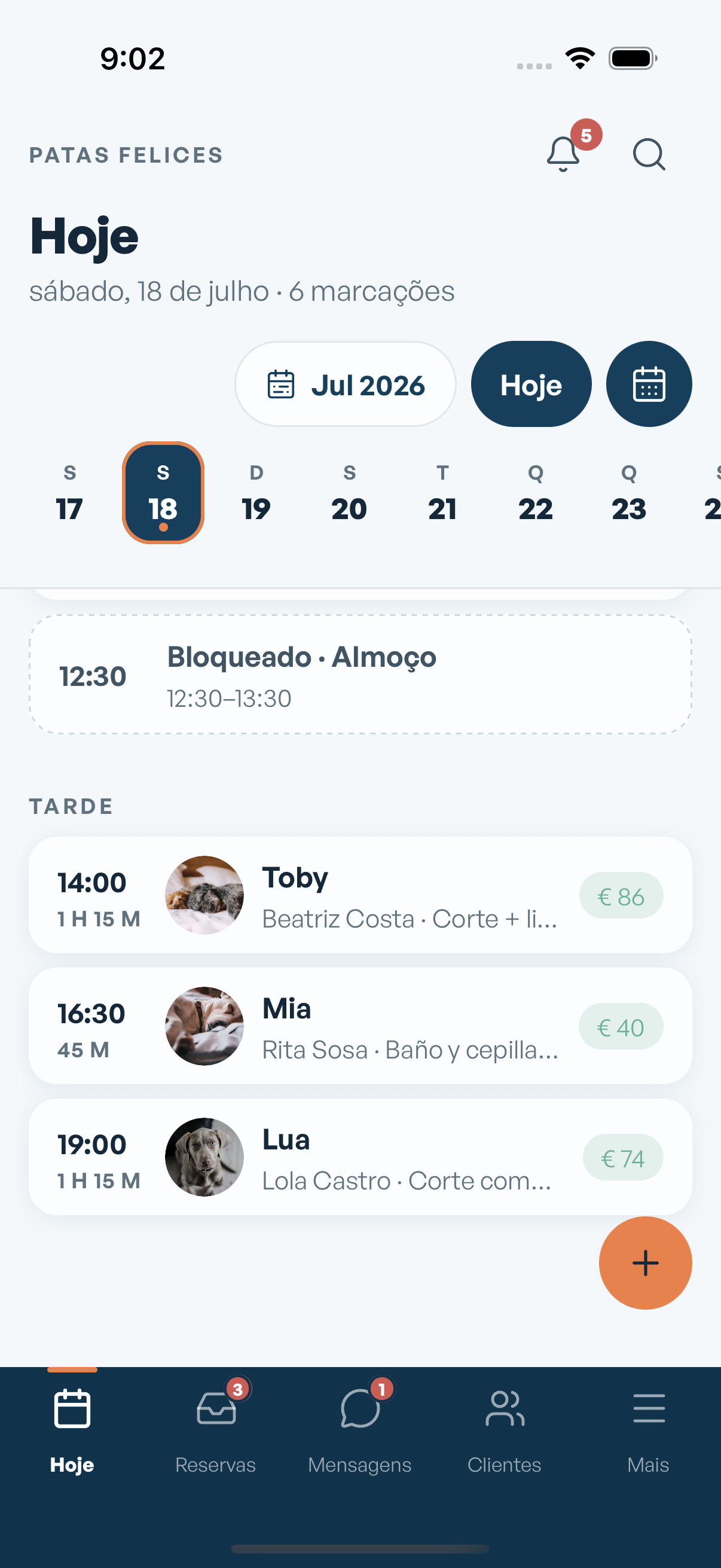 Agenda de hoje no aplicativo do Mimos