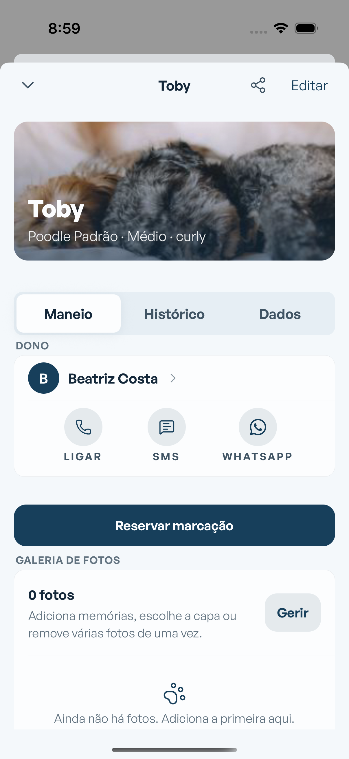 Ficha de cliente e animal no Mimos